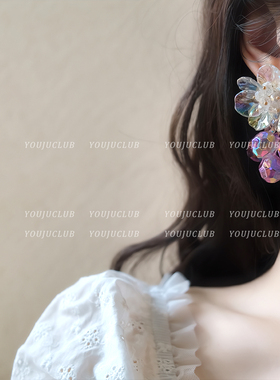 YOUJUclub-清甜可人~仙女甜美紫色水晶花朵夸张度假海边耳钉耳夹