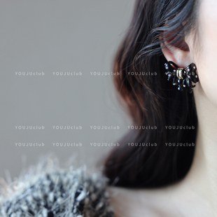 YOUJUclub-格雷西女孩~法式黑色波点蝴蝶结甜美高级韩系耳环耳夹