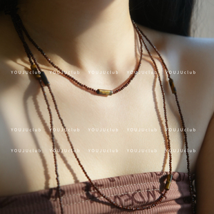 YOUJUclub-山鹰~复古棕色美拉德多层超长款水晶串珠项链毛衣链女