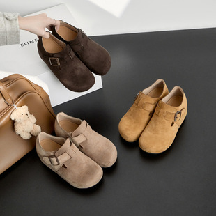 磨砂牛皮勃肯鞋 全包女内增高7cm磨砂皮扣带一脚蹬小个子勃肯鞋