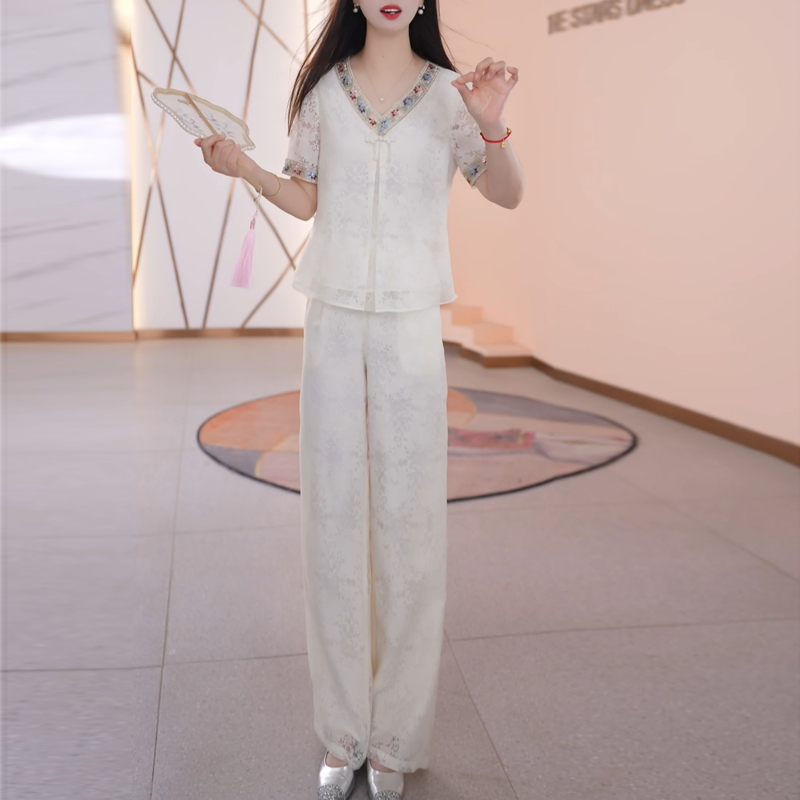 时尚复古套装女2025新款夏季洋气质高端气质减龄上衣阔腿裤两件套