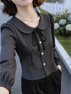 2026新款娃娃领长袖女雪纺衫韩版宽松遮肚显瘦上衣打底小衫衬衫