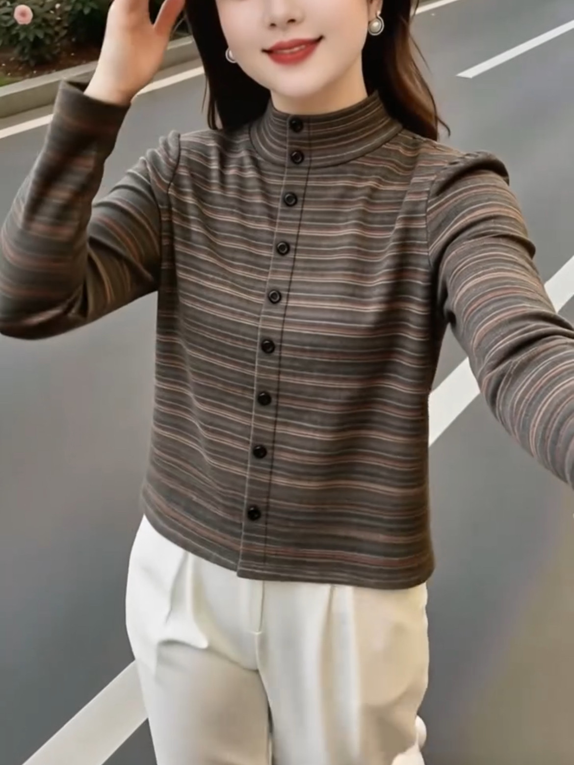 中老年条纹立领长袖上衣女打底秋冬妈妈德绒保暖T恤宽松显瘦小衫