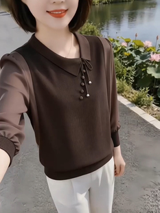 2026新款妈妈女装减龄衬衫缎面拼接遮肚子针织衫女上衣秋季打底衫