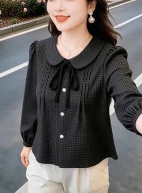 网红上衣秋季长袖雪纺衬衫女装格子蝴蝶结百搭洋气减龄娃娃领衬衣