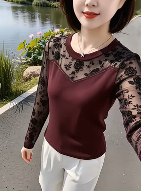2026年秋季网纱蕾丝拼接长袖t恤女上衣打底衫内搭外穿妈妈装洋气