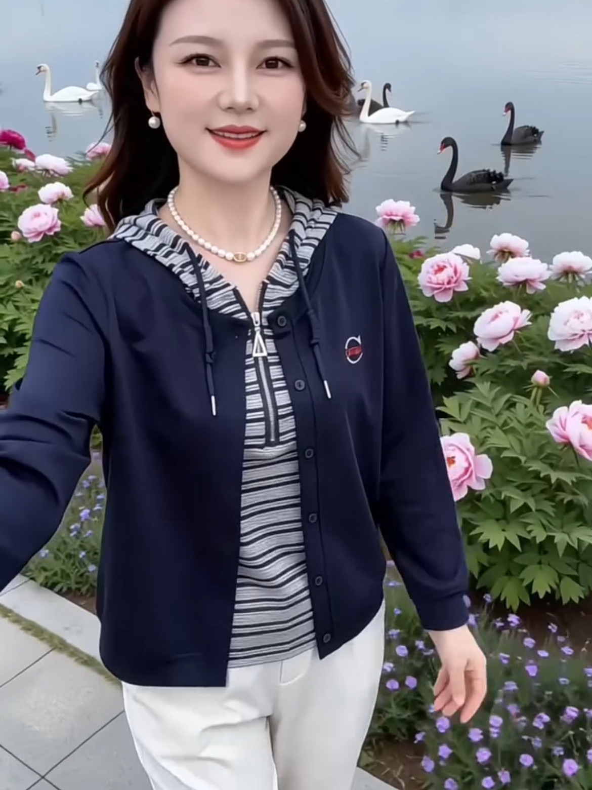 2026新款秋冬条纹连帽绒衫外套减龄卫衣套头中老年女装妈妈装上衣