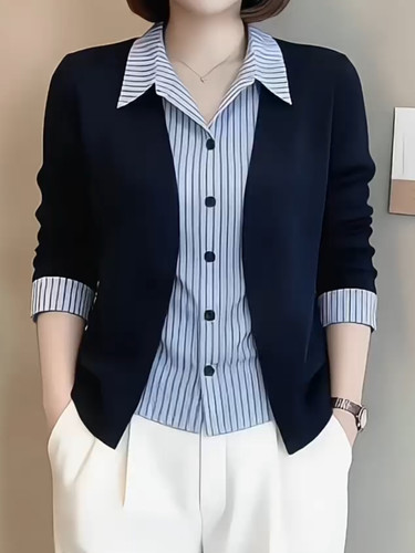 法式条纹假两件长袖衬衫女2026新款秋季大码胖MM气质减龄开衫上衣