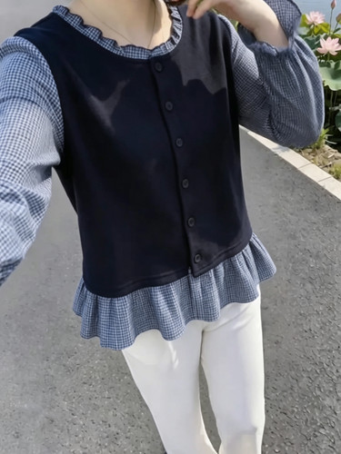 大码女装胖MM秋季长袖上衣女假两件宽松条纹衬衫200斤遮肚子藏肉