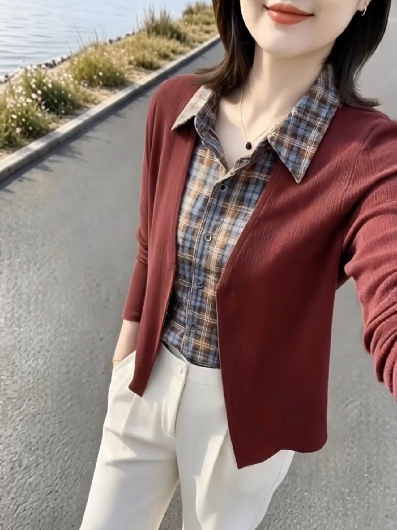 时尚假两件衬衫女长袖2026新款秋季妈妈格子衬衣减龄洋气上衣