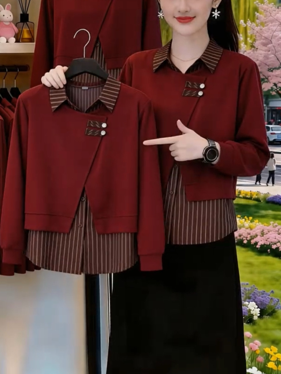 中老年女装假两件套头衫女条纹衬衫领拼接短款卫衣洋气妈妈装上衣