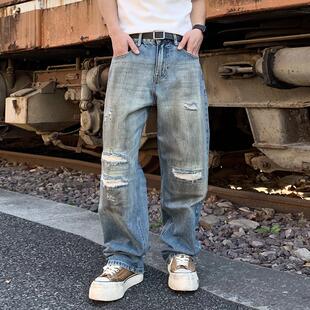 美式高街水洗做旧牛仔裤男刮烂破洞复古废土风锈迹直筒宽松阔腿裤
