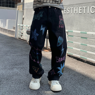 孙亦航同款趣味涂鸦闪电牛仔裤男