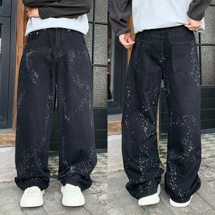 秋季新款油漆泼墨满天星复古水洗牛仔裤男小众宽松直筒重工阔腿裤