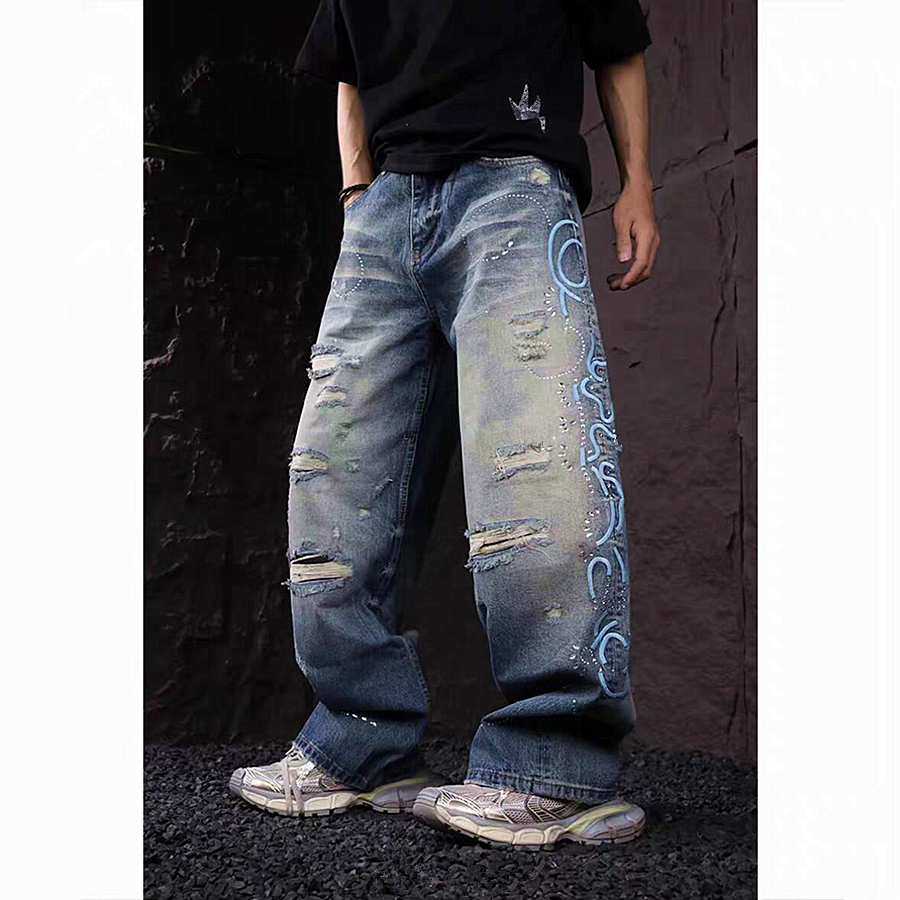 秋季新款假破洞刺绣烫钻牛仔裤男