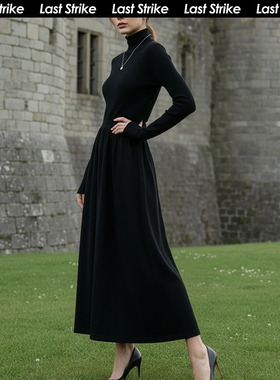 Last Strike黑色针织连衣裙女秋冬季新款显瘦高级感气质过膝长裙