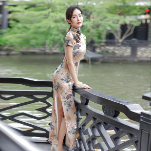 日常新款改良演出旗袍长款复古夜上海高弹修身年会走秀表演大码