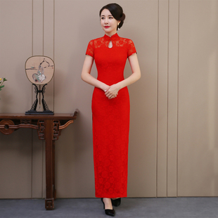 新款红旗袍长款改良新中式时尚复古连衣裙日常走秀演出婚礼回娘家