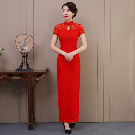 新款红旗袍长款改良新中式时尚复古连衣裙日常走秀演出婚礼回娘家