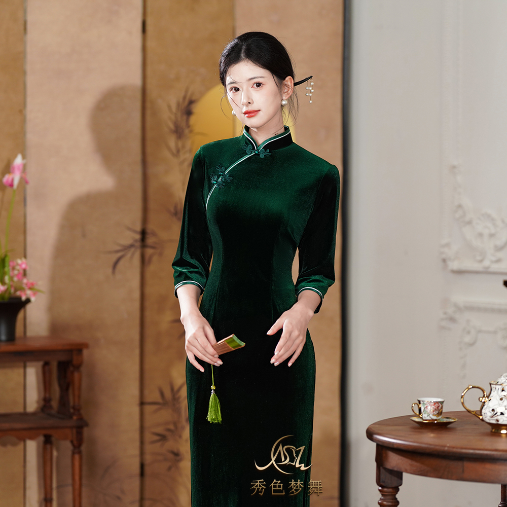 高端修身新款改良老上海女丝绒旗袍式连衣裙长款中国风复古表演服