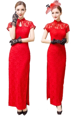 红色礼仪服装演出大码修身风旗袍