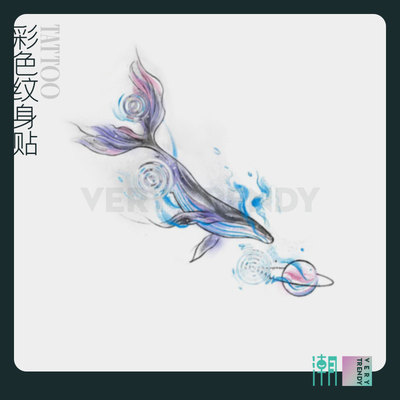彩色纹身贴鲸鱼防水女持久手臂大腿锁骨高级感男学生可洗原创贴纸