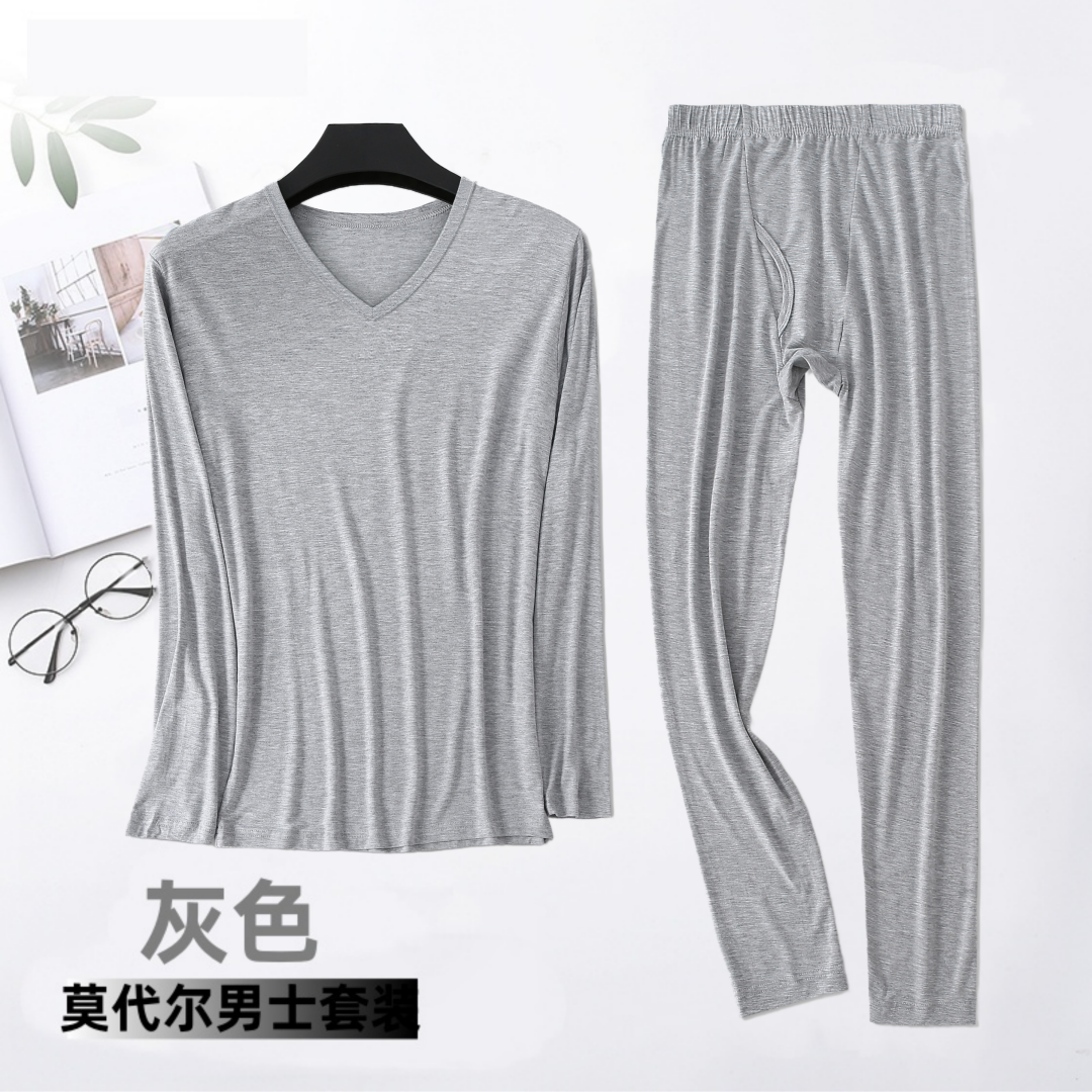 莫代尔薄款秋衣秋裤男士低领保暖内衣套装V领青年贴身打底棉毛衫
