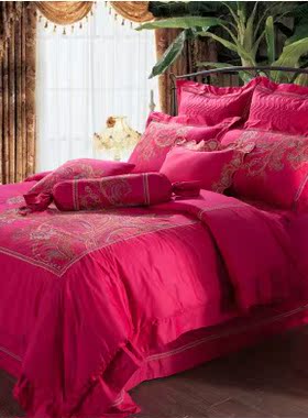 ISIKI/依诗家中国风刺绣婚庆床品套件玫红结婚四件套K069气质奢华