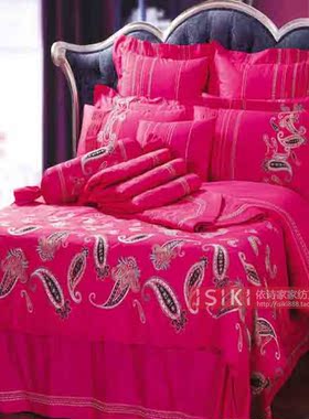 ISIKI/依诗家新中式红色婚庆床品套件K178佩斯利刺绣荷叶边11件套
