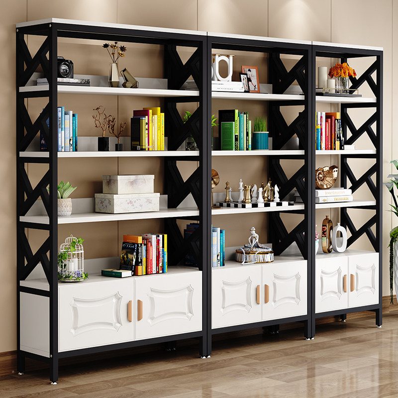书架现代落地柜办公室装饰创意钢木书柜置物架店铺摆货架铁艺多层