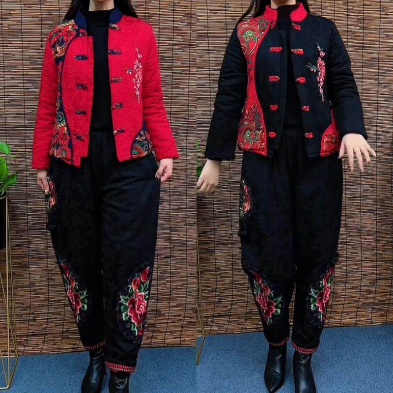 民族风盘扣拼接套装棉衣女秋冬季唐装气质棉服时尚绣花棉裤两件套