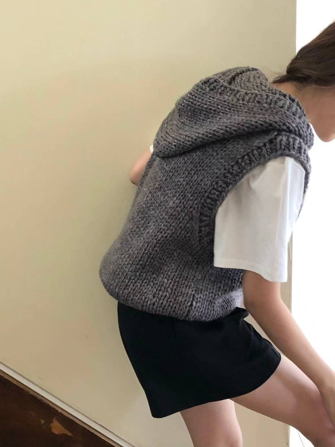 YA家正确版韩纯手工编织overtake背心马甲连帽v领子套头纯色简约