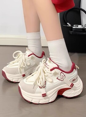 回力女鞋酒红厚底老爹鞋女秋季爆款蝴蝶增高休闲透气运动鞋小白鞋