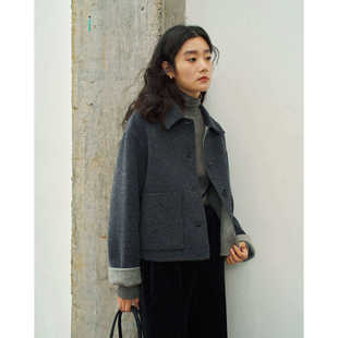 简约深灰色休闲通勤短款宽松绵羊毛双面呢大衣女秋冬款外套小个子
