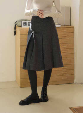 复古深灰色百搭高腰羊毛混纺毛呢a字百褶半身裙女秋款中长款半裙