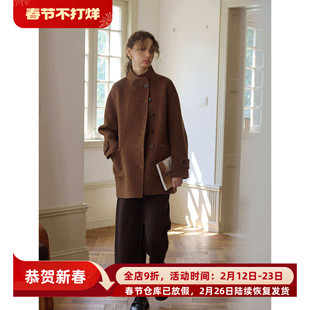 咖色立领短款宽松绵羊毛骆驼绒双面呢大衣女秋冬款小个子呢子外套