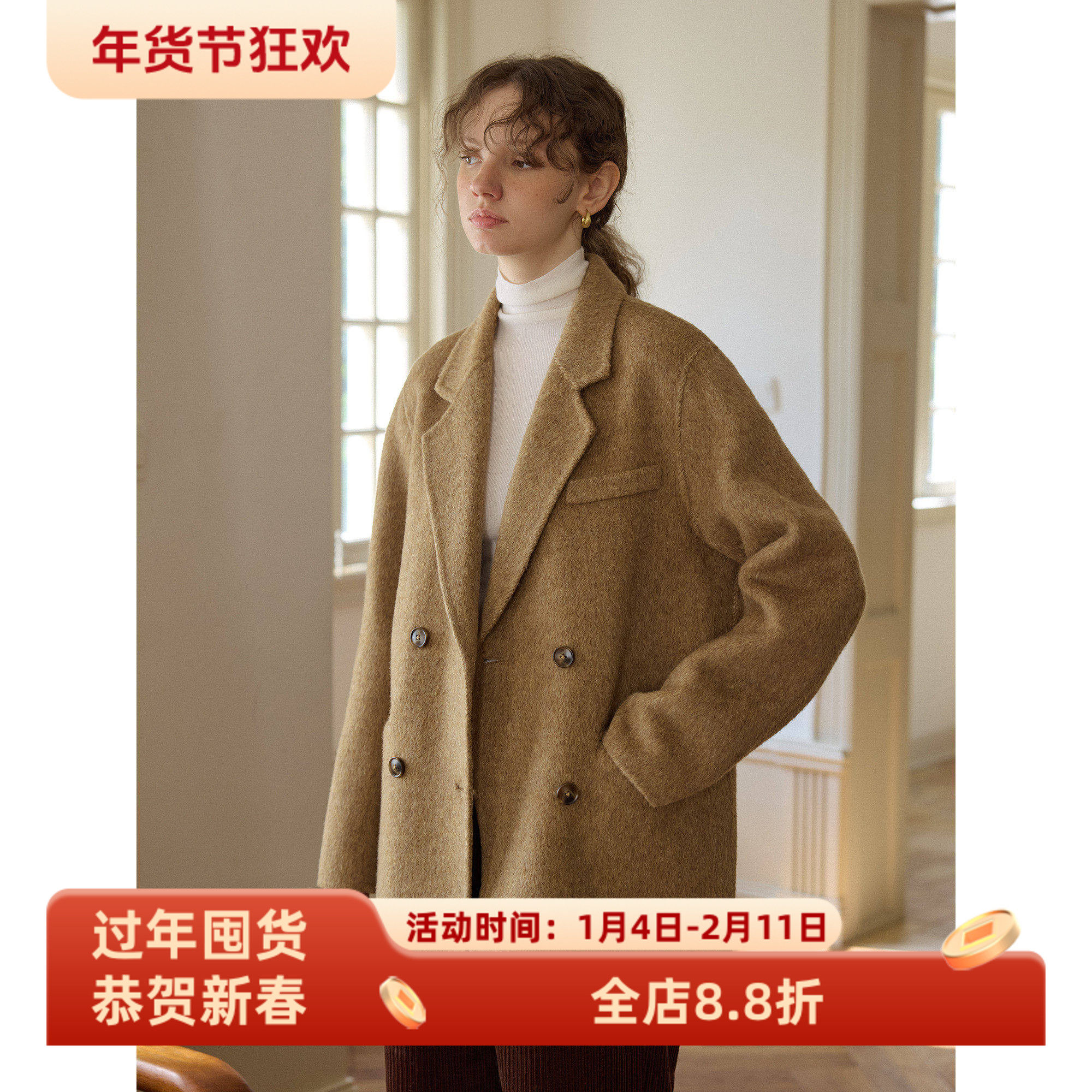 复古西装领宽松短款羊毛骆驼绒双面呢大衣女秋冬季毛呢外套小个子