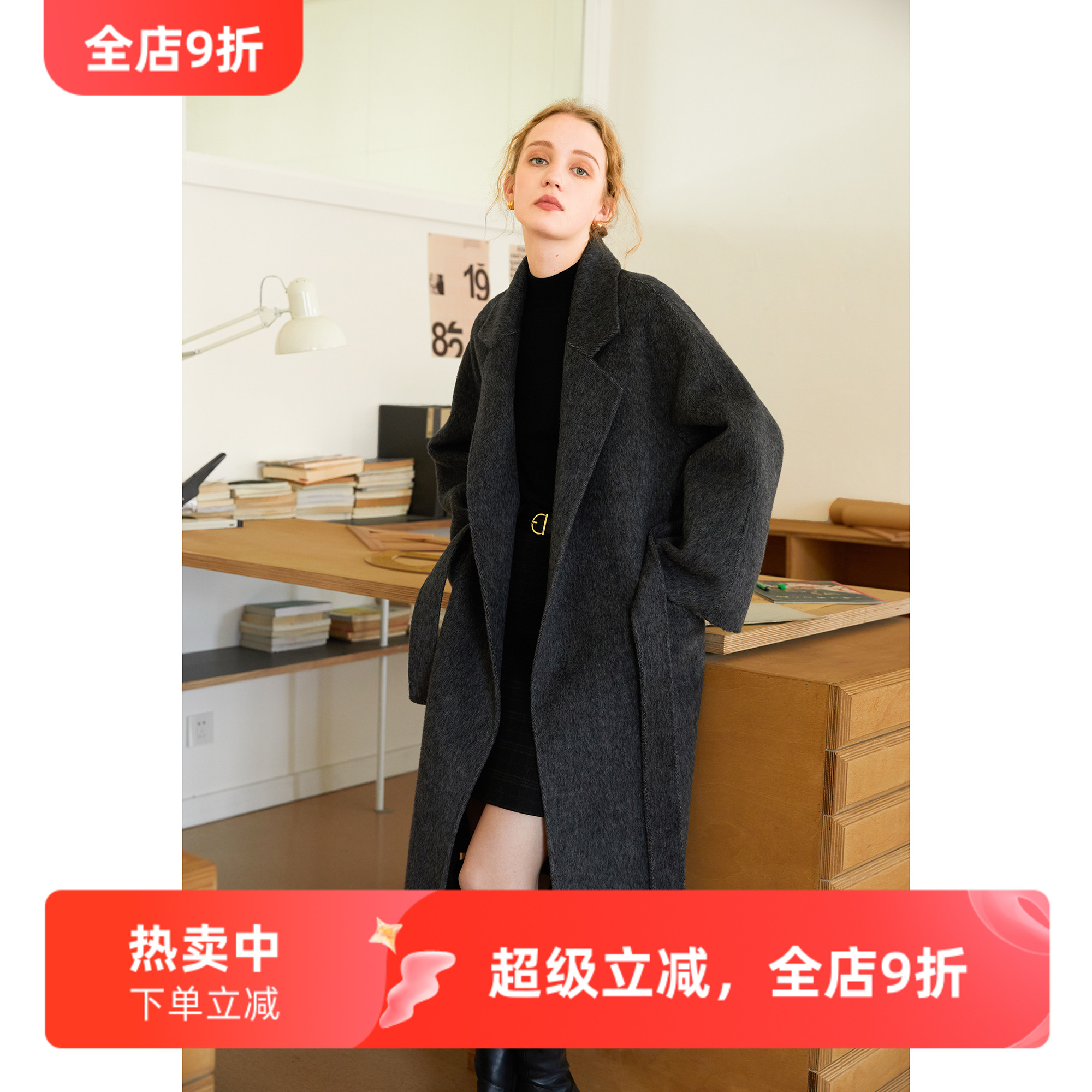 高级感黑灰色双面呢骆驼绒羊毛大衣女冬款气质中长款毛呢外套通勤