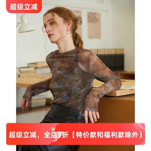 长袖 徐莫西 T恤女半高领修身 法式 叠穿内搭上衣 抽象印花网纱打底衫
