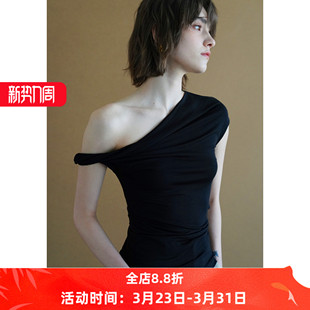 不规则斜肩褶皱收腰设计感性感无袖背心T恤女夏薄款凉感天丝上衣