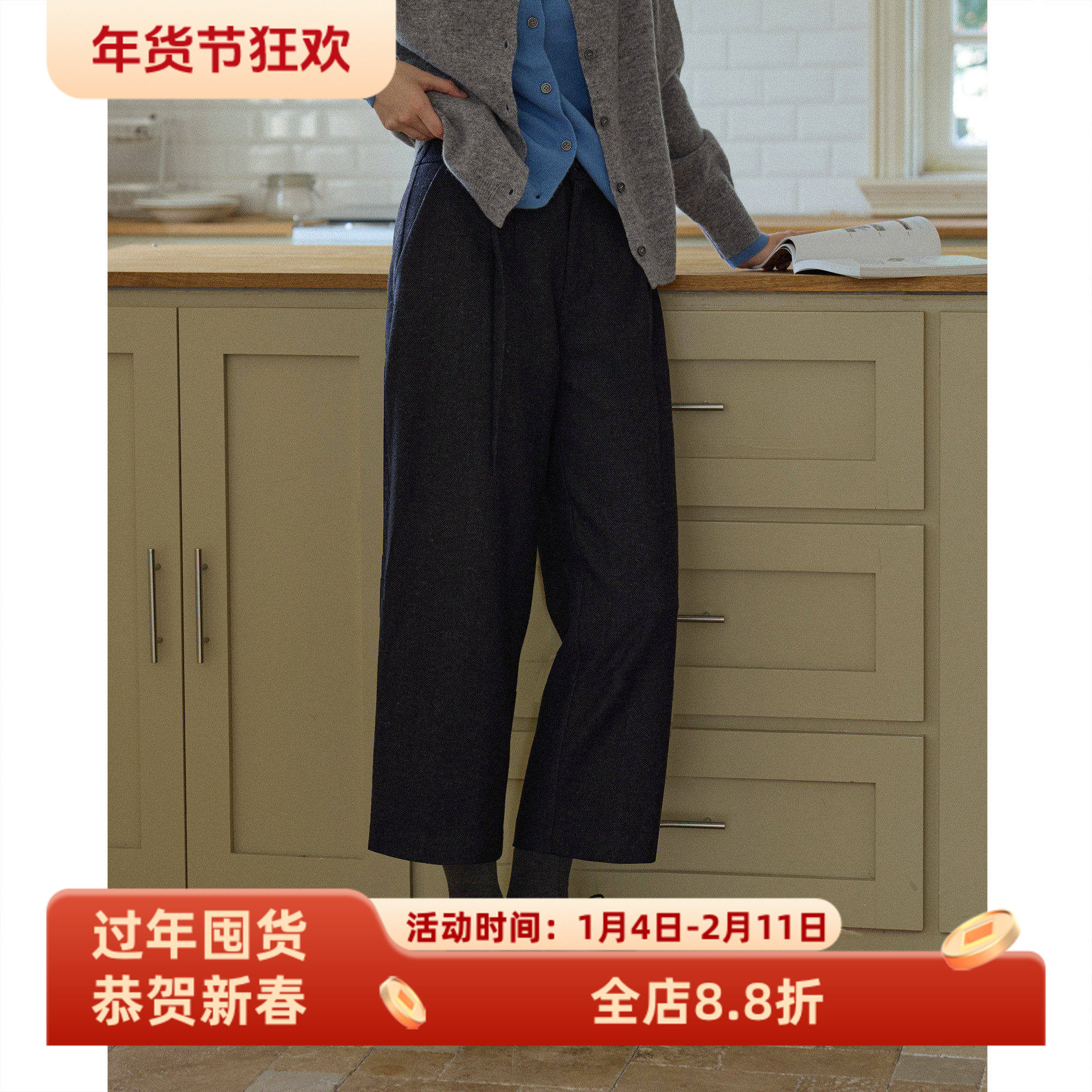 复古黑灰色人字纹羊毛毛呢高腰直筒裤九分裤女秋冬款休闲通勤西裤