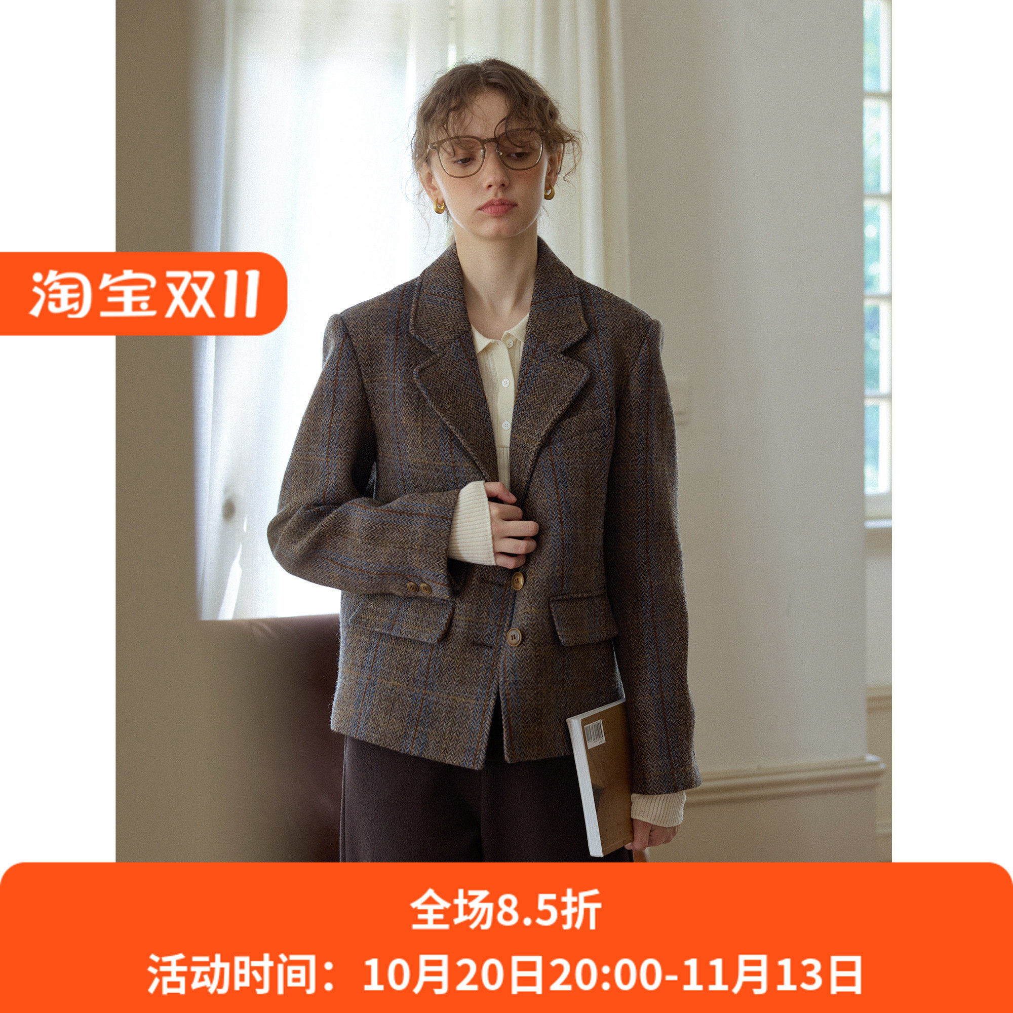 复古风格纹宽松短款羊毛毛呢西装外套女秋冬季新款呢子通勤小个子