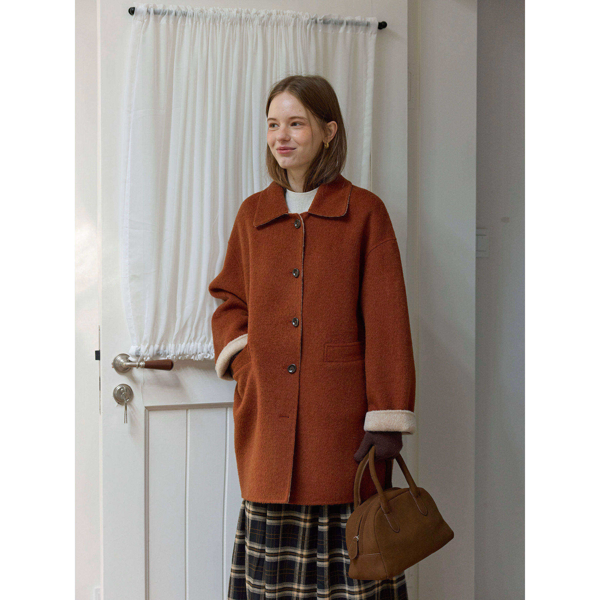 复古桔红色翻领双色绵羊毛双面呢大衣女秋冬款小个子呢子外套韩系