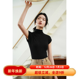 法式 T恤女夏新款 复古风连身半高领修身 打底衫 上衣 显瘦无袖 徐莫西