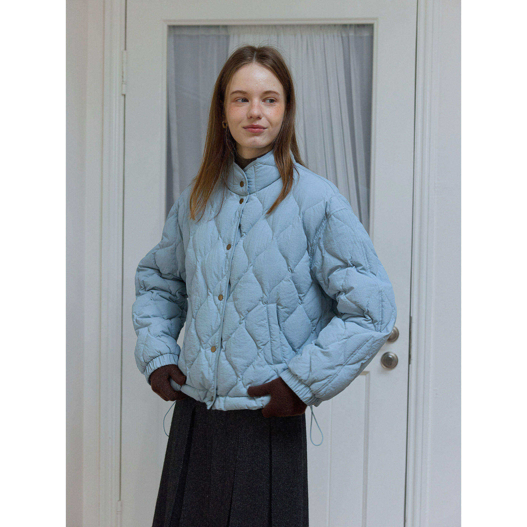 新国标90白鸭绒蓝色立领宽松保暖羽绒服女秋冬季款面包服外套韩版