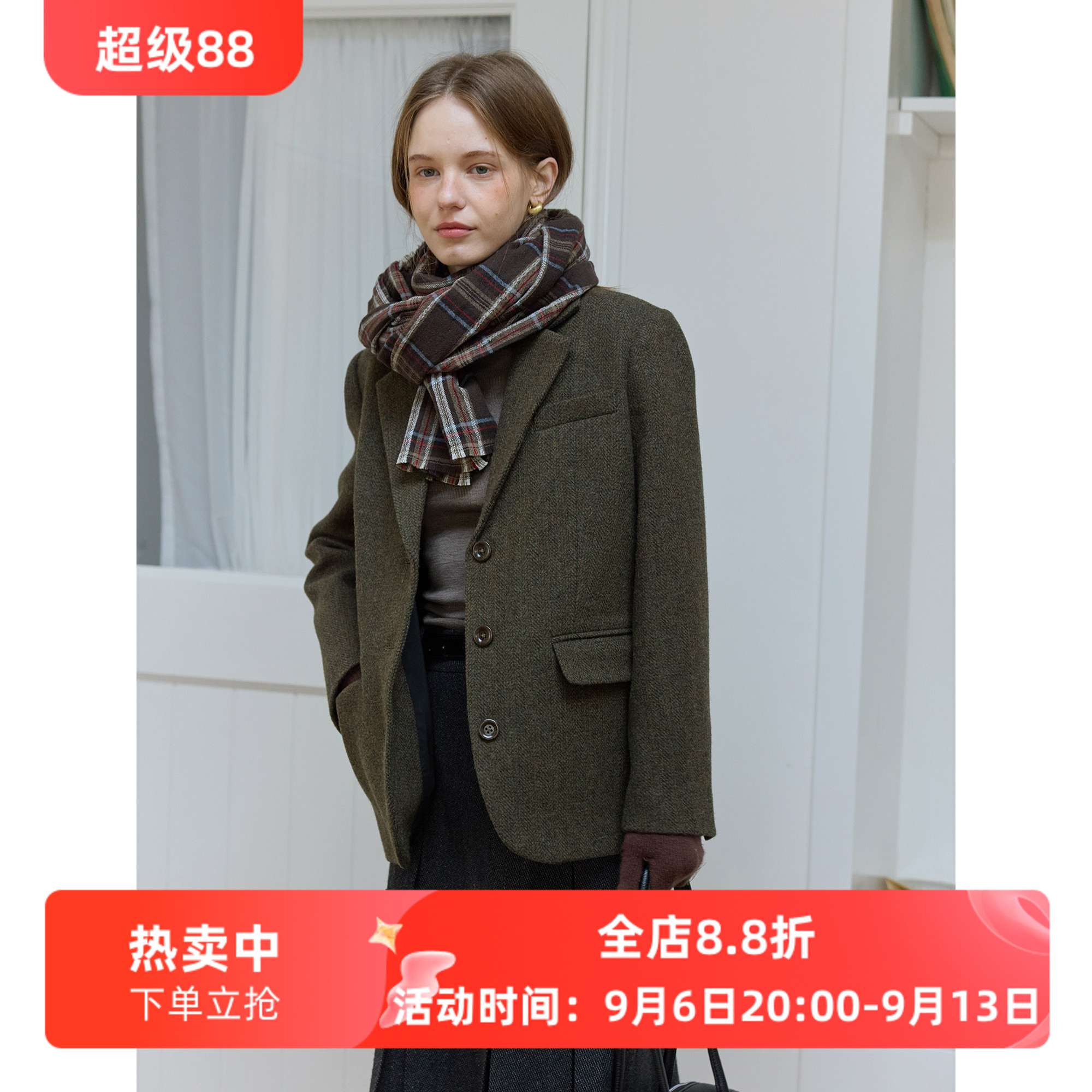 复古风绿色全羊毛休闲宽松西装毛呢外套女呢子秋冬款百搭通勤韩版