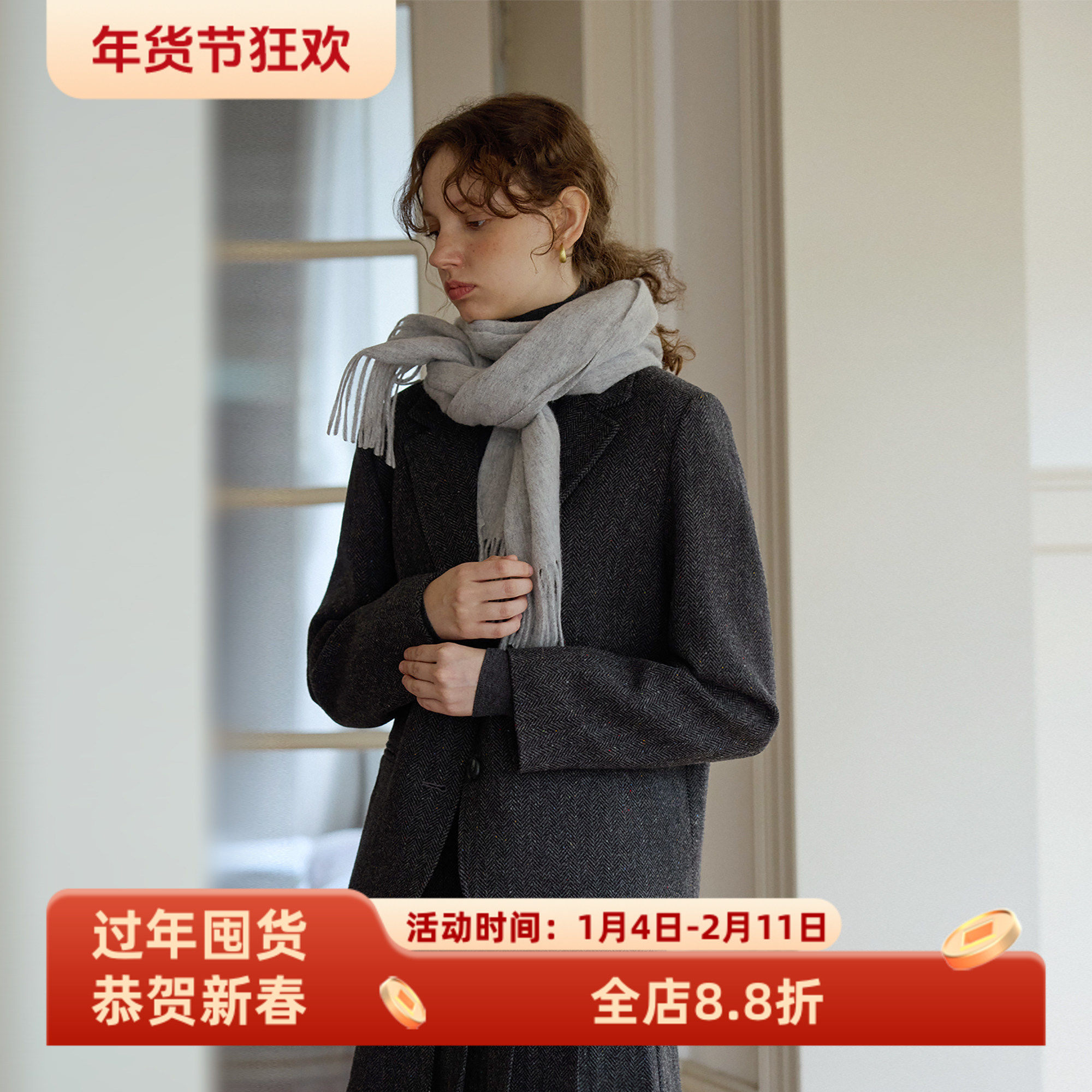 复古人字纹羊毛休闲宽松短款西装毛呢外套女秋冬新款呢子通勤韩版