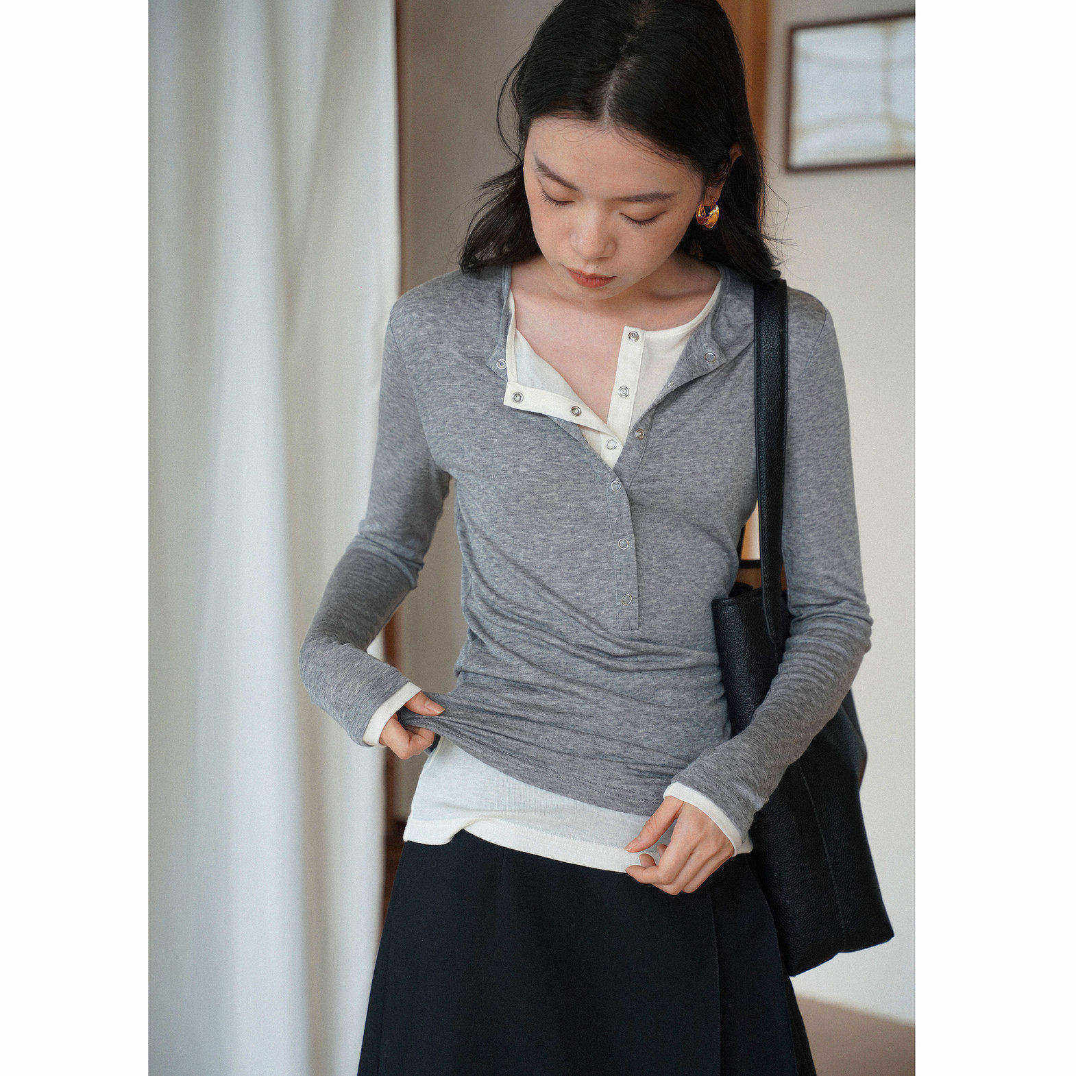 亨利领柔软天丝羊毛设计感假两件打底衫上衣女春内搭修身长袖T恤