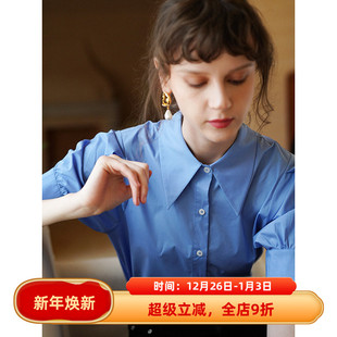 休闲白衬衫 徐莫西 女夏韩版 宽松衬衫 文艺风百搭蓝色尖领泡泡短袖