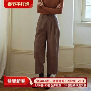 复古英伦风条纹羊毛毛呢松紧高腰直筒裤九分裤女秋冬季款休闲西裤
